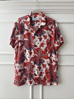 Topman White Short-Sleeve Button Shirt with Red & Navy Floral Print
